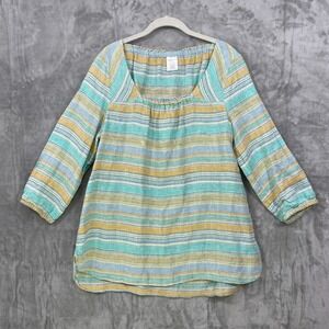 Lands' End‎ 100% Linen Blouse Tunic Top L 14-16 Multicolor Striped Beachy Boho
